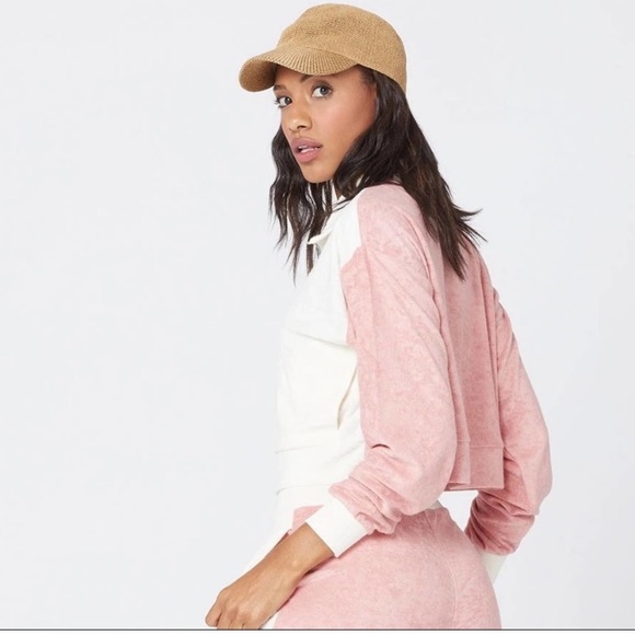 L*Space Best Life Crop Pullover Half Zip TerryCloth Pink Ivory Top NEW Sz XS - Picture 2 of 13